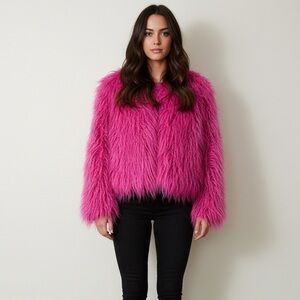 Ailubaodan Hot Pink Faux Fur Jacket Fuchsia